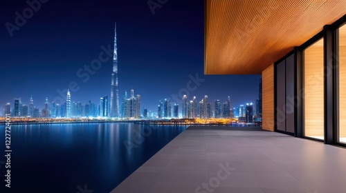 A luxurious hotel with a breathtaking view of the city skyline at night.