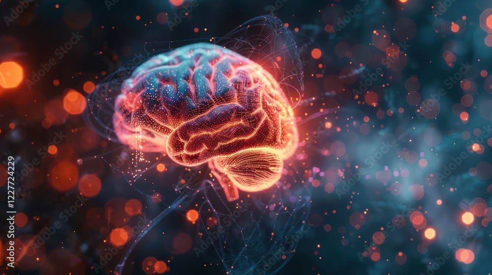 Vibrant digital representation of a brain surrounded by glowing particles and abstract light effects Vibrant digital representation of a brain surrounded by glowing particles and abstract light effects