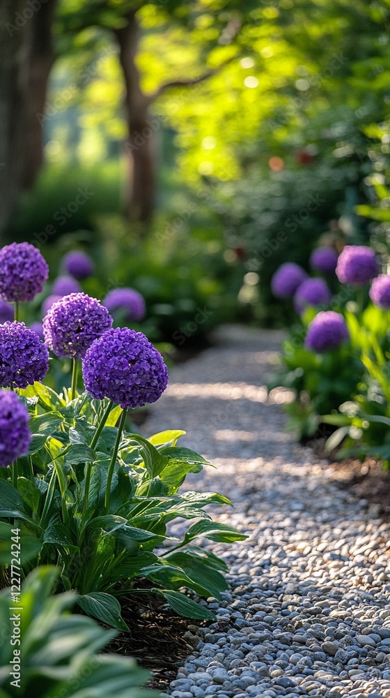 Obraz premium A garden path with purple flowers and pebbles.