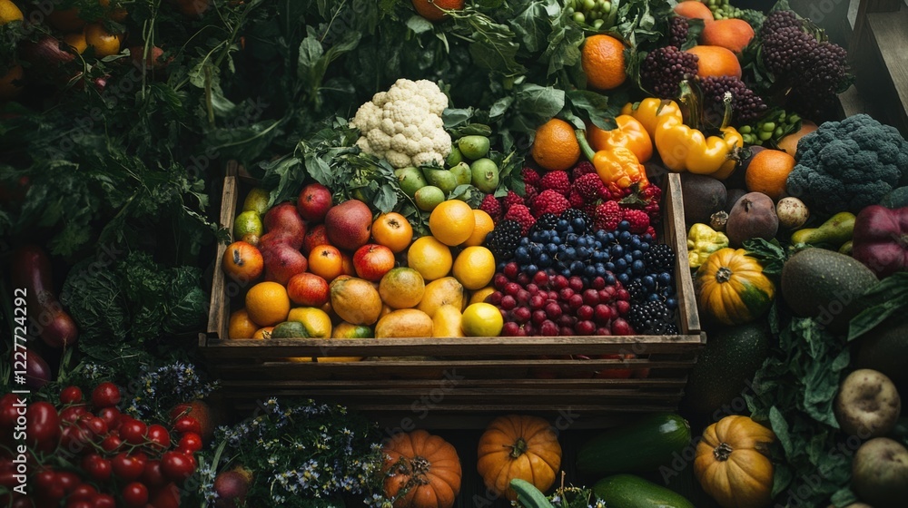 Shopping cart overflowing with fresh fruits and vegetables displayed in a vibrant market setting suitable for healthy lifestyle themes. Shopping cart overflowing with fresh fruits and vegetables displayed in a vibrant market setting suitable for healthy lifestyle themes.