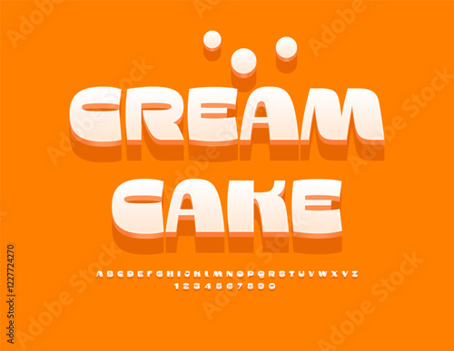 Vector Tasty badge Cream Cake. Modern Elegant Font. Classic White 3D Alphabet Letters and Numbers set.