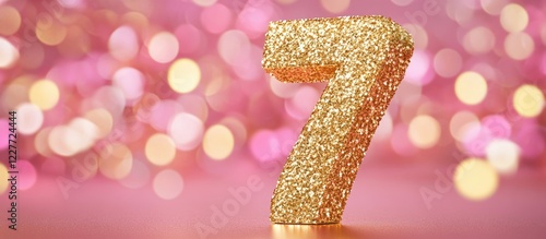 Elegant golden glitter number 7 on a soft pink background for celebration or anniversary with space for personalized text or messages. photo