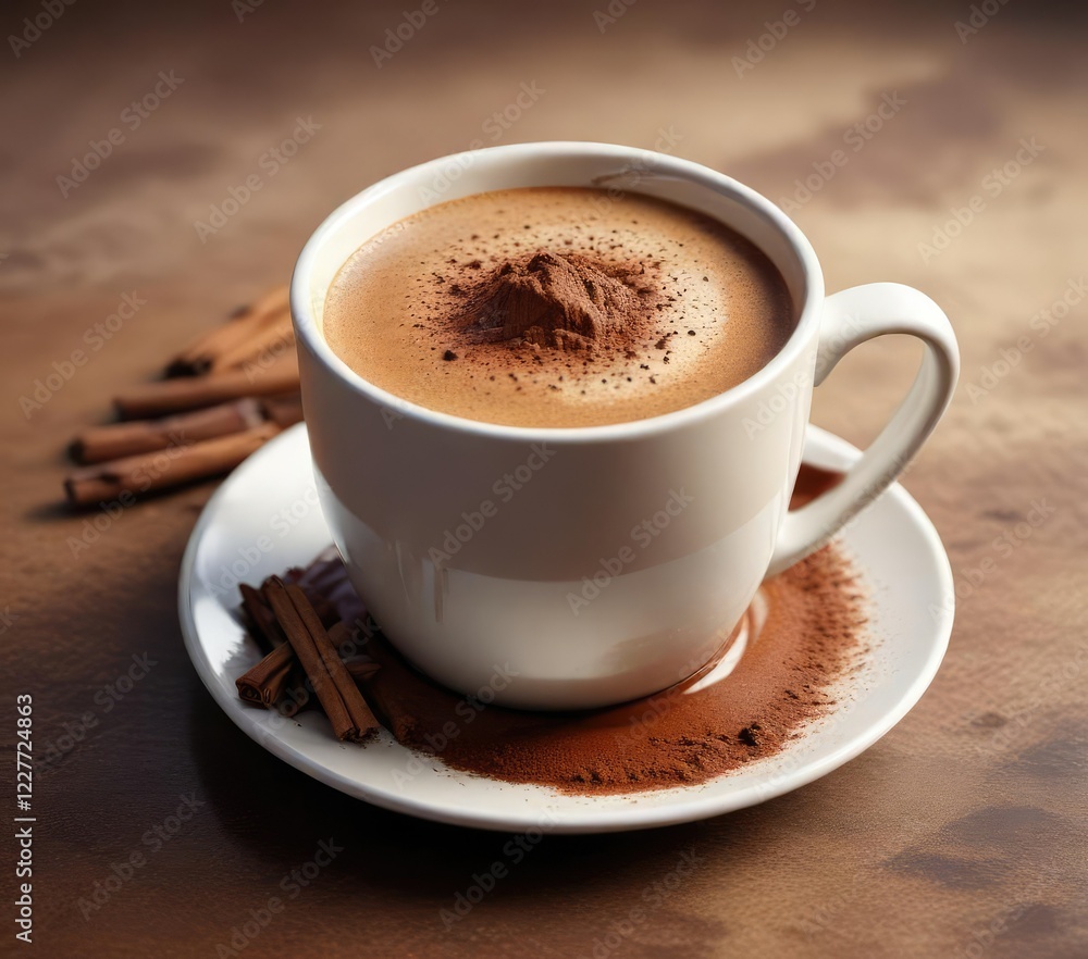 Rich and creamy coffee with melted chocolate and cinnamon powder, , creamy texture, warm drink Rich and creamy coffee with melted chocolate and cinnamon powder, , creamy texture, warm drink