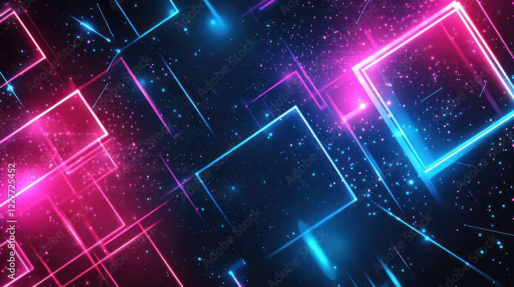 Abstract neon squares, glowing lines, dark background, digital art, website banner Abstract neon squares, glowing lines, dark background, digital art, website banner