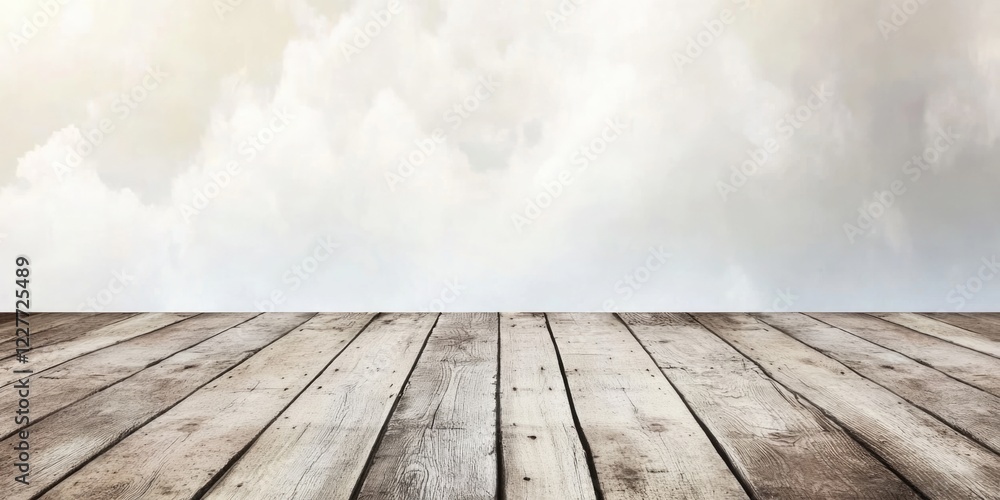 Rustic Old Wooden Plank Surface with Blank Space for Text Against a Soft Cloudy Sky Background Rustic Old Wooden Plank Surface with Blank Space for Text Against a Soft Cloudy Sky Background