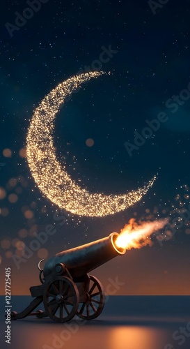 A glowing crescent moon formed by sparks with a Ramadan cannon below.