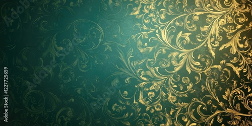 Elegant green damask wallpaper with gold swirls design featuring empty space for text or messaging opportunities