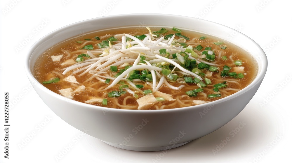 A bowl of clear broth noodle soup with chicken, green onions, and bean sprouts, presented against a white background for a clean and fresh aesthetic. A bowl of clear broth noodle soup with chicken, green onions, and bean sprouts, presented against a white background for a clean and fresh aesthetic.