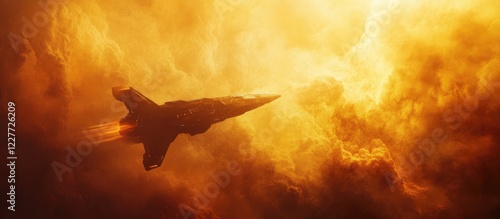 Futuristic spaceship navigating through toxic clouds in a hostile alien environment with ample space for text overlay and creative designs. photo