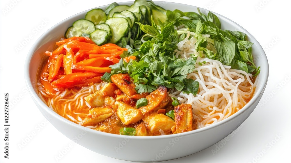 A bowl of rice noodles with fish curry , topped with fresh vegetables and herbs, isolated on a white background for a crisp and clean presentation. A bowl of rice noodles with fish curry , topped with fresh vegetables and herbs, isolated on a white background for a crisp and clean presentation.