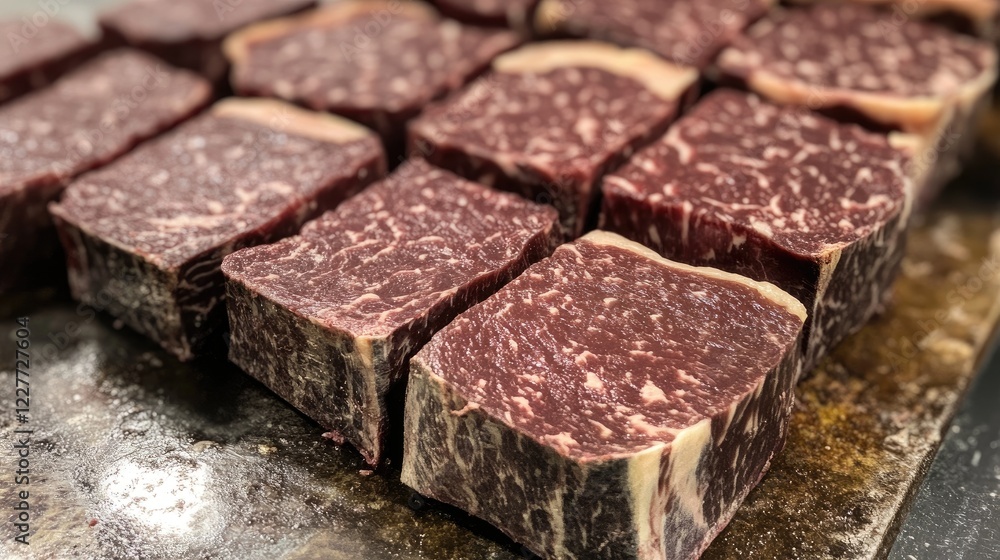 A close-up of marbled beef cuts on a butcher's board, showcasing the intricate fat distribution, ready to be prepared for a gourmet meal. A close-up of marbled beef cuts on a butcher's board, showcasing the intricate fat distribution, ready to be prepared for a gourmet meal.