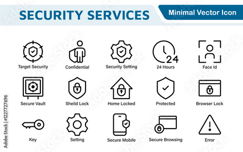 Set of Security web icons in line style. Guard, cyber security, password, smart home, safety, data protection, key, shield, lock, unlock, eye access. Security outline icon set.