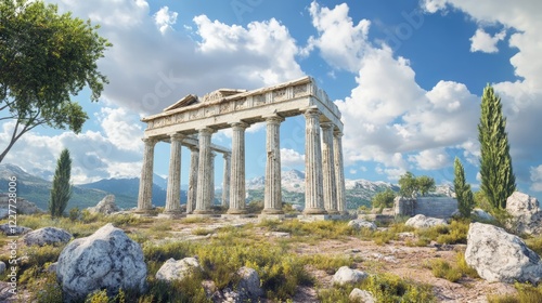 Ancient Greek temple ruins with marble columns surrounded by lush greenery and mountains under a cloudy blue sky