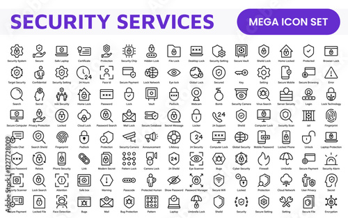Set of Security web icons in line style. Guard, cyber security, password, smart home, safety, data protection, key, shield, lock, unlock, eye access. Security outline icon set.