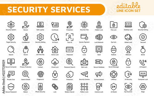 Set of Security web icons in line style. Guard, cyber security, password, smart home, safety, data protection, key, shield, lock, unlock, eye access. Security outline icon set.
