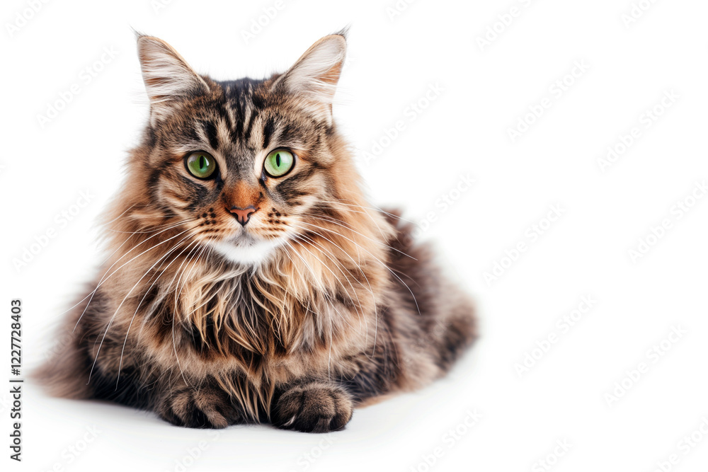 Fototapeta premium A fluffy cat with striking green eyes, sitting on a white background.