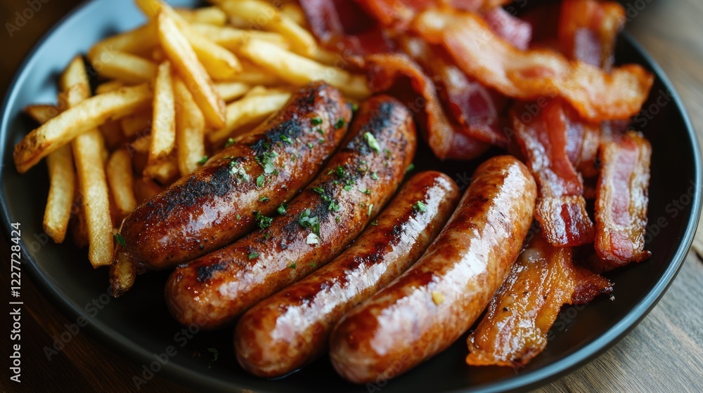 Crispy bacon sliced sausages and golden French fries served on a black plate for a delicious meal experience Crispy bacon sliced sausages and golden French fries served on a black plate for a delicious meal experience