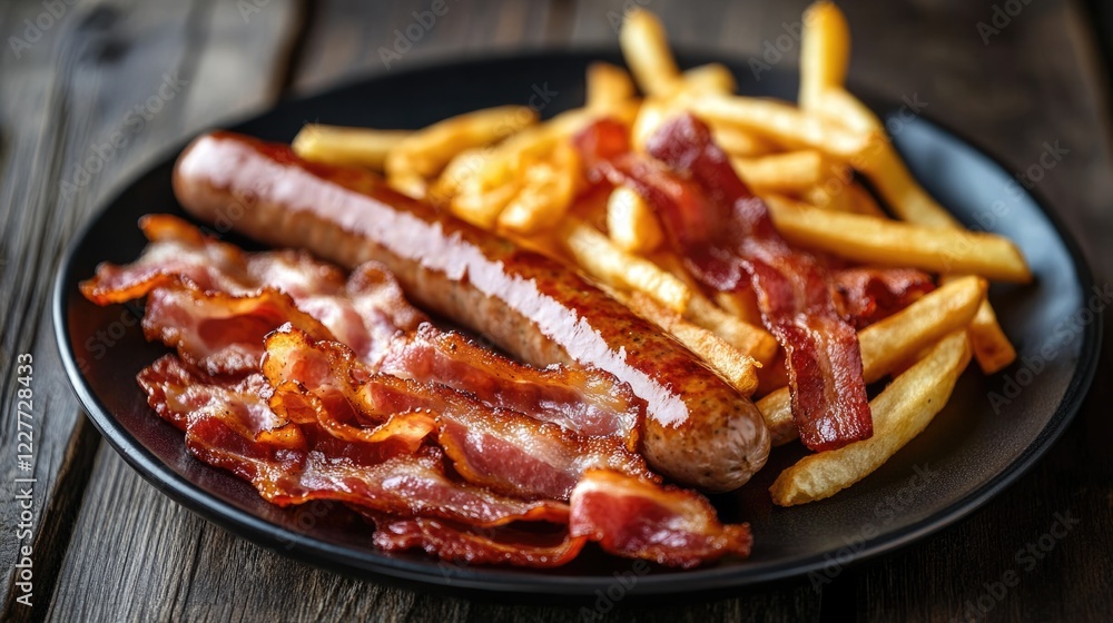 Crispy bacon sausage slices and golden French fries arranged on a black plate for a delicious gourmet meal presentation. Crispy bacon sausage slices and golden French fries arranged on a black plate for a delicious gourmet meal presentation.