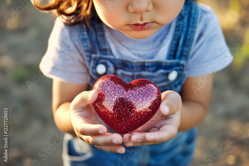 Commercial concept artwork idea design. Ð¡hildren valentine's day greeting card: toddler boy with pleased face holds red heart in hands. Sign of love. Love and red heart. photo