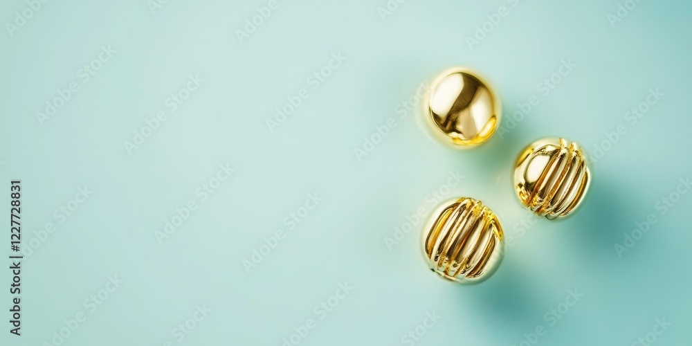 Elegant gold earrings displayed on a soft blue background with ample space for text in a minimalist and stylish setting. Elegant gold earrings displayed on a soft blue background with ample space for text in a minimalist and stylish setting.