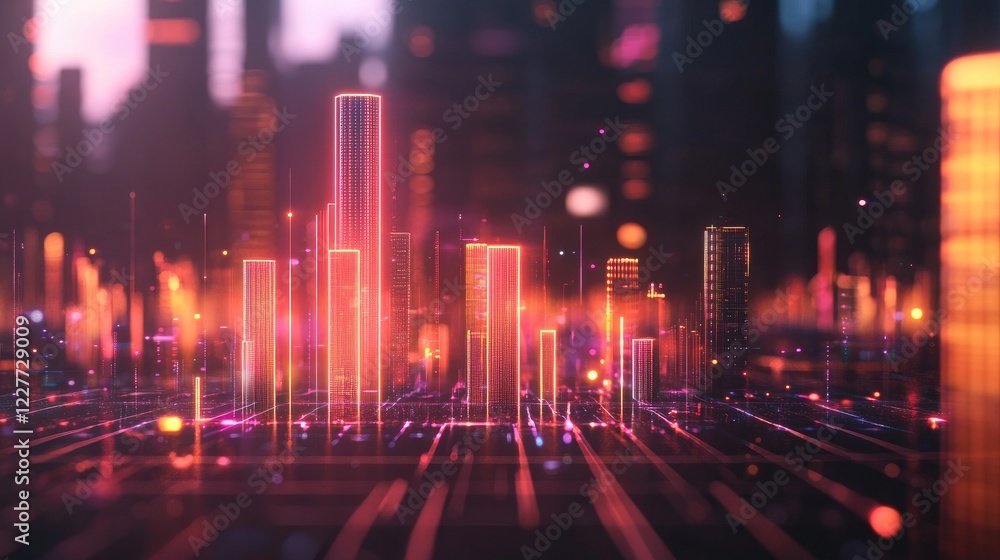 Fototapeta premium A futuristic D bar chart displaying rising financial data, with glowing bars and grid lines, representing profits and investment growth.