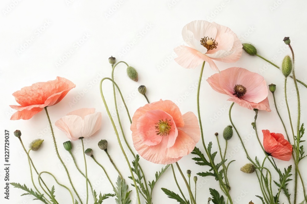Fototapeta premium Poppy blooms in soft pastel shades against a crisp white background, natural beauty, abstract flower, poppies, gentle hues