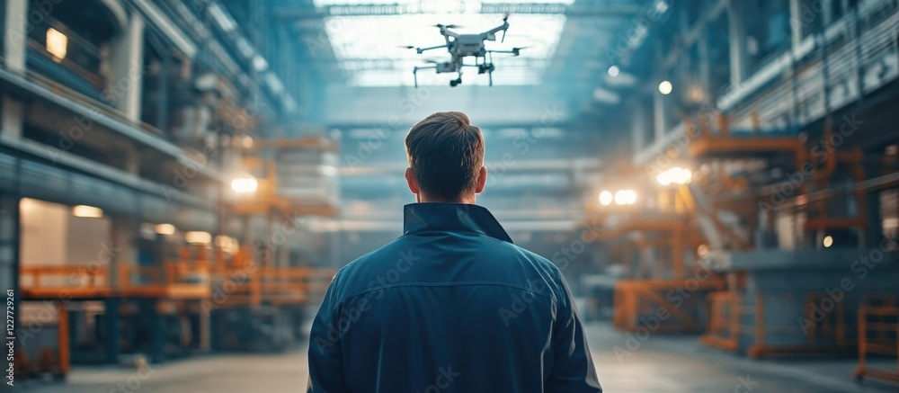 Engineer overseeing drone operations in modern industrial facility with ample space for text and graphics in a dynamic environment Engineer overseeing drone operations in modern industrial facility with ample space for text and graphics in a dynamic environment