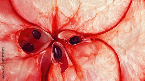 Close-up of a sliced red apple highlighting its intricate internal structure and vibrant coloration with visible seeds and fleshy textures photo