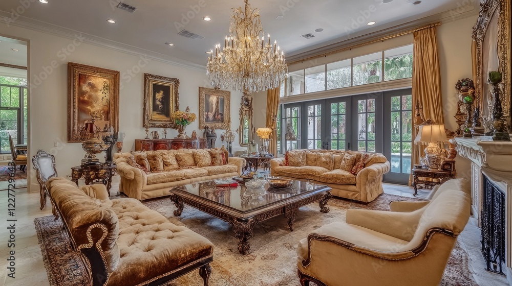 Fototapeta premium A luxurious living room with a chandelier, plush sofas, and elegant dcor, creating a warm and inviting space for entertaining guests.