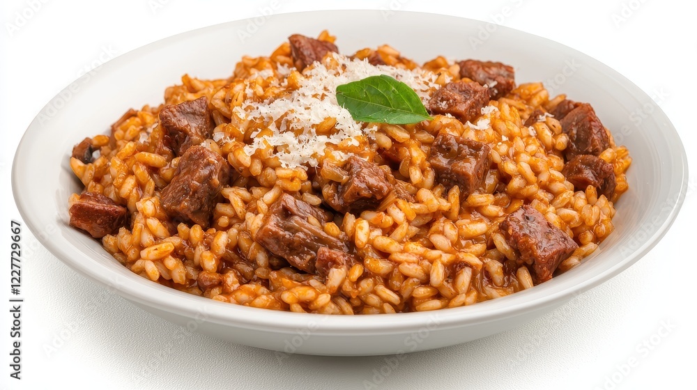 Rich and Flavorful Beef Risotto with Parmesan Cheese and Fresh Basil Leaf Rich and Flavorful Beef Risotto with Parmesan Cheese and Fresh Basil Leaf