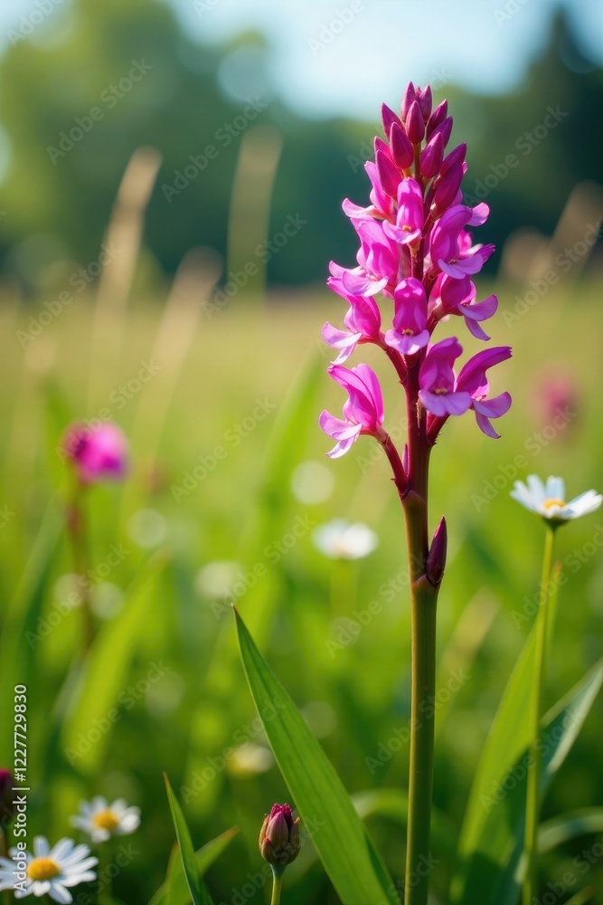 Pink orchid stems amidst a lush meadow of tall grasses and wildflowers, meadow flowers, tall grasses, pink orchid Pink orchid stems amidst a lush meadow of tall grasses and wildflowers, meadow flowers, tall grasses, pink orchid