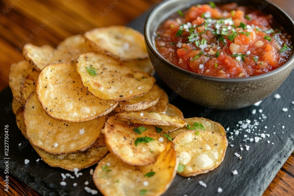 Crispy Chips with Fresh Salsa on Slate Board Crispy Chips with Fresh Salsa on Slate Board