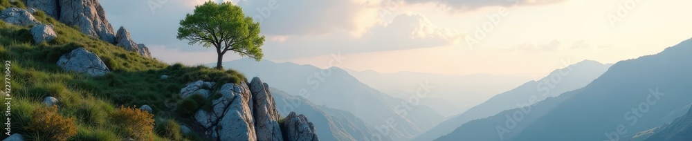 A serene landscape with a tree growing out of a rocky hillside , rock, hill A serene landscape with a tree growing out of a rocky hillside , rock, hill