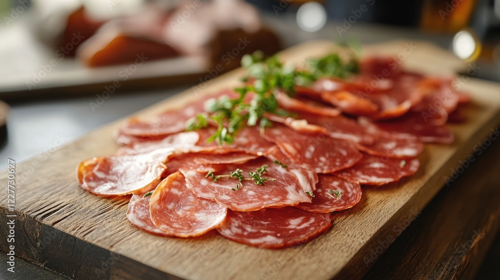 Sliced cured meats arranged on a rustic wooden board garnished with fresh herbs in a cozy dining setting Sliced cured meats arranged on a rustic wooden board garnished with fresh herbs in a cozy dining setting
