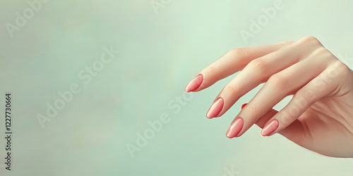 Elegant manicured hand with pink nail polish against soft background for beauty and fashion promotional content or advertising text placement