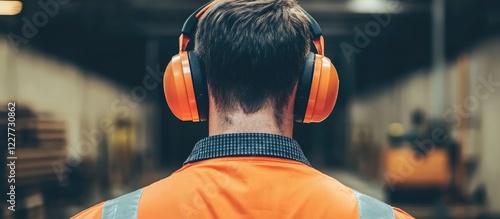 Engineer in safety gear with hearing protection at construction site focused on work environment and safety practices