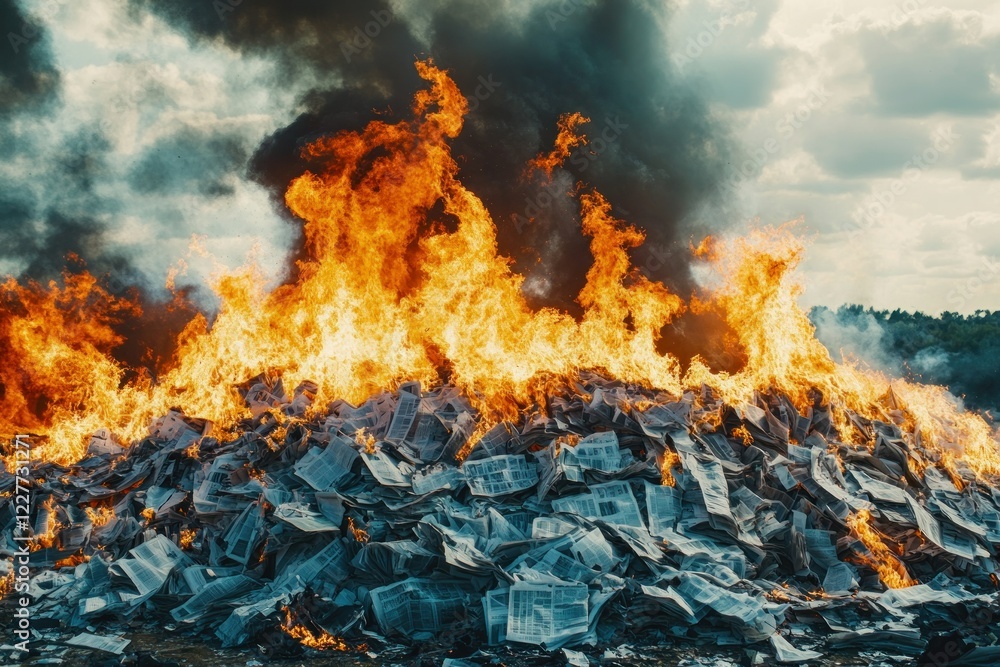 Fiery Scene of Burning Piles of Papers and Debris Fiery Scene of Burning Piles of Papers and Debris
