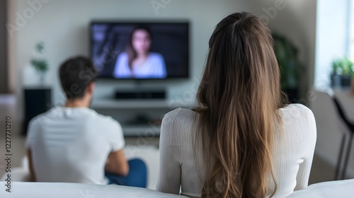 A woman sits on the couch with her head in her hands, looking sad and introspective as she sits next to an unengaged man who is watching TV.
 photo