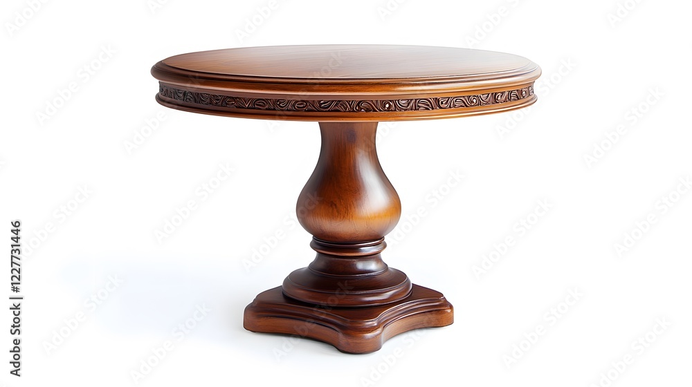 62. A wooden pedestal table with a smooth, round top and intricate details, isolated on white 62. A wooden pedestal table with a smooth, round top and intricate details, isolated on white