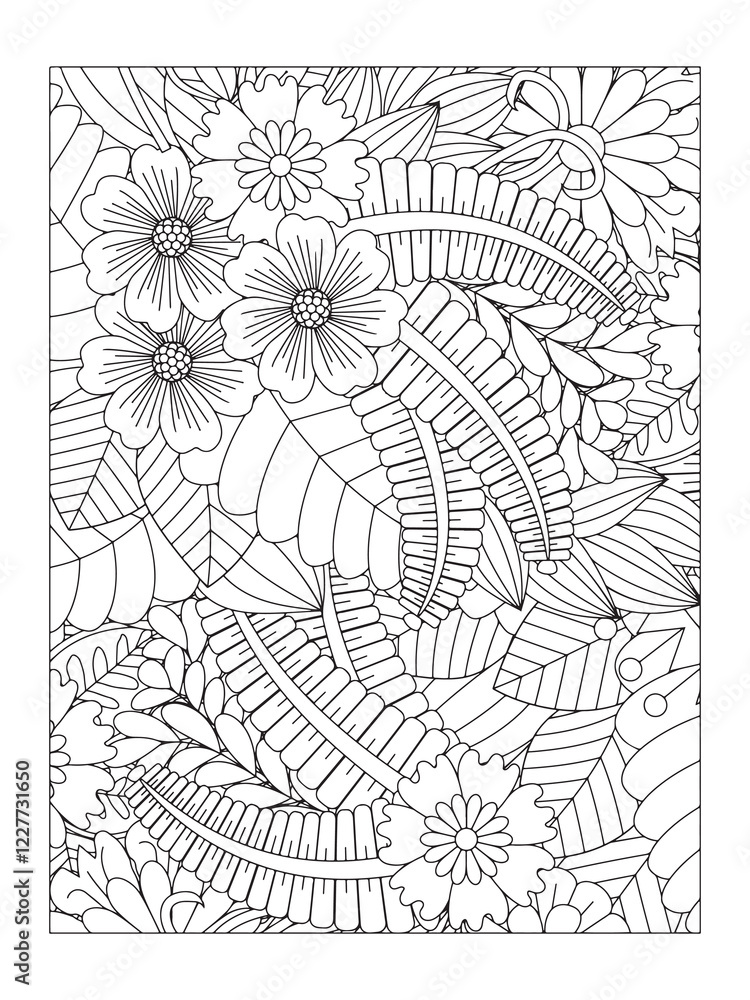 Fototapeta premium Flower pattern. Vector doodle flowers in black and white. Page adult coloring book. Coloring Flower Page.