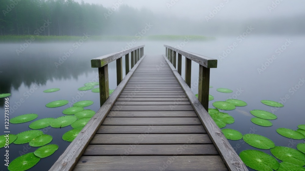 Obraz premium A small wooden footbridge crossing over a foggy pond, with lily pads scattered on the calm water's surface