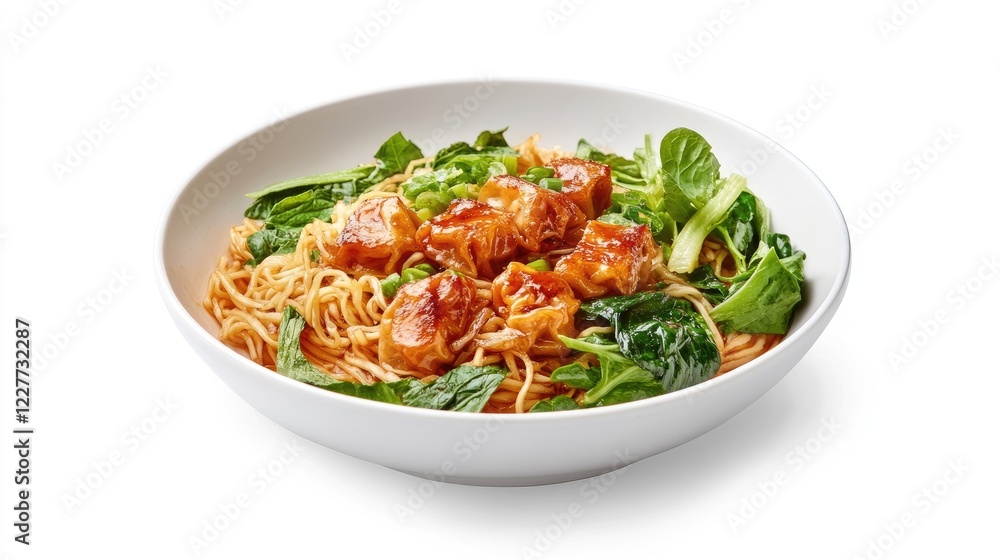 A serving of wonton noodles , with golden wontons, char siu, and leafy greens, set against a plain white background to emphasize the dish's colors. A serving of wonton noodles , with golden wontons, char siu, and leafy greens, set against a plain white background to emphasize the dish's colors.