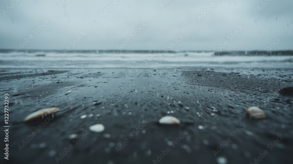Rainy beach scene with seashells coastal ocean gray environment low angle view nature's calm and serenity Rainy beach scene with seashells coastal ocean gray environment low angle view nature's calm and serenity