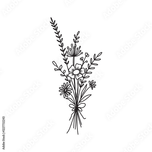 Wildflower line art bouquets, wild plant, botanical vector illustration