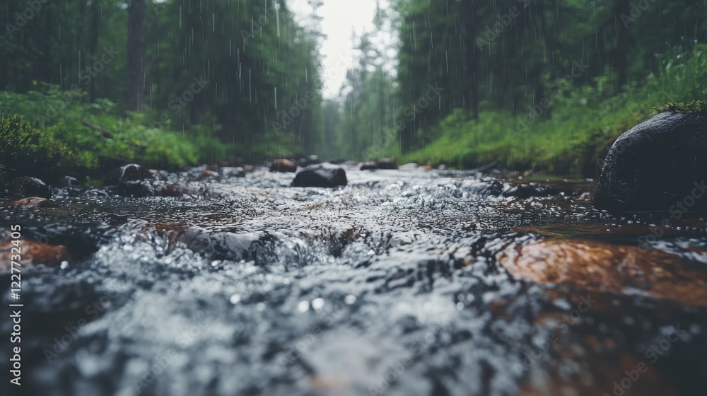 Raindrops falling on a tranquil stream forested area nature freshwater environment ground-level viewpoint serenity and reflection Raindrops falling on a tranquil stream forested area nature freshwater environment ground-level viewpoint serenity and reflection