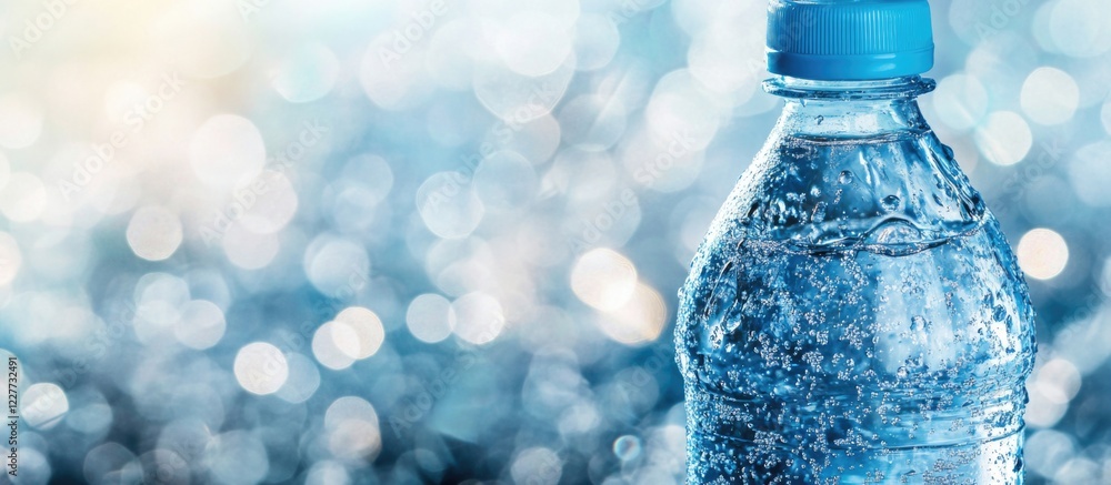 Clear Glass Water Bottle on Reflective Surface with Text Space for Branding and Health Promotion Clear Glass Water Bottle on Reflective Surface with Text Space for Branding and Health Promotion