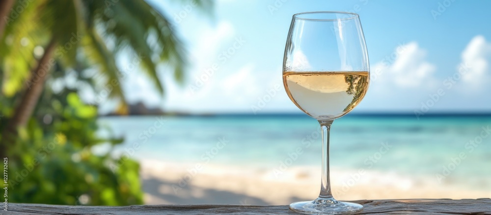 Obraz premium Elegant glass of white wine by the beach with clear blue sky and palm trees creating a perfect summer ambiance for relaxation