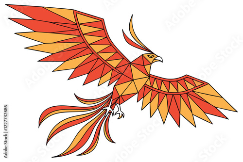 Geometric phoenix, abstract bird, origami-style, flame-colored, vibrant orange and red, angular shapes, rising wings, stylized feathers, minimalist design, vector art, fiery creature, mythical bird, d