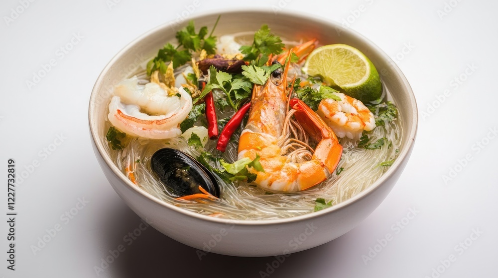 A simple yet appetizing bowl of glass noodles with seafood, topped with chili, lime, and fresh herbs, placed on a pristine white background. A simple yet appetizing bowl of glass noodles with seafood, topped with chili, lime, and fresh herbs, placed on a pristine white background.