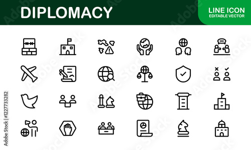 Diplomacy Icons. Professional Vector Illustrations for International Relations, Negotiations, and Global Communication Projects